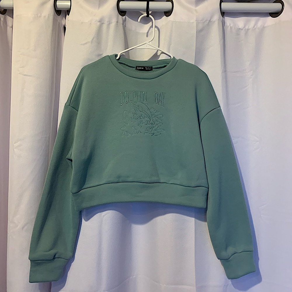 SHEIN Dolphin & Letter Embroidery Drop Shoulder Crop Sweatshirt